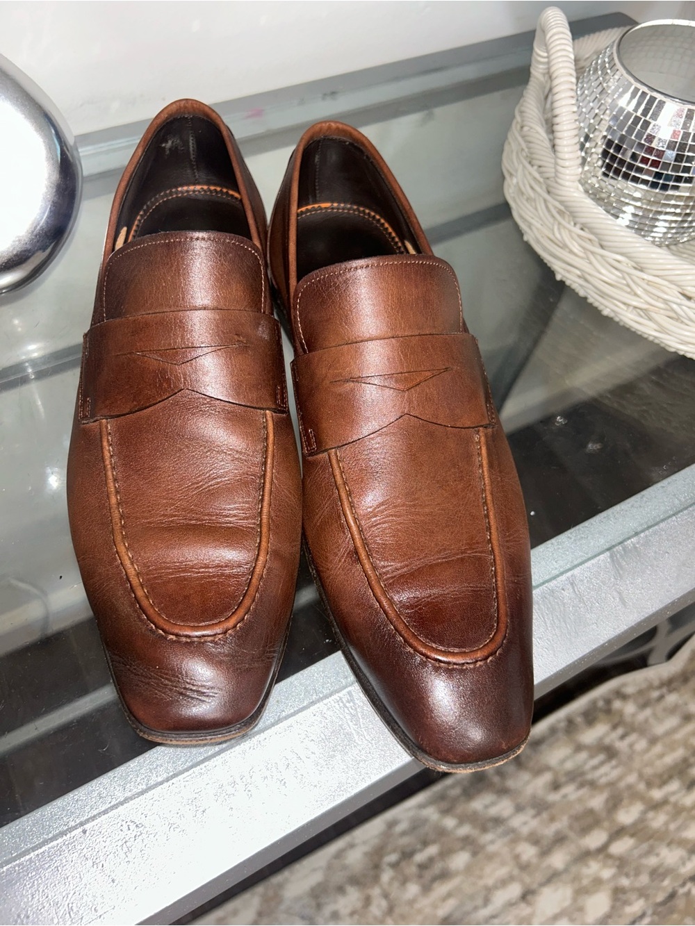 Santoni Brown Leather Penny Loafers
